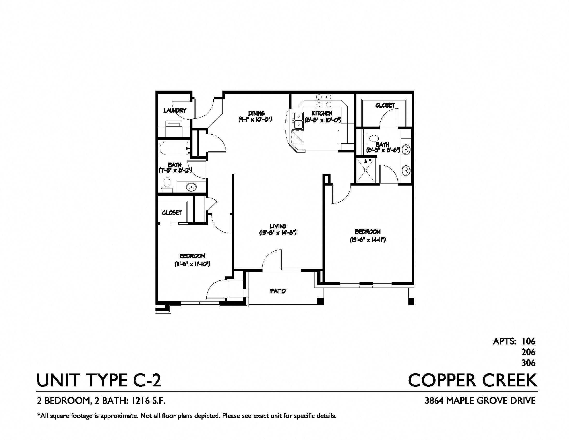 Floor plan for 2 beds, 2 baths, 1216 sqft